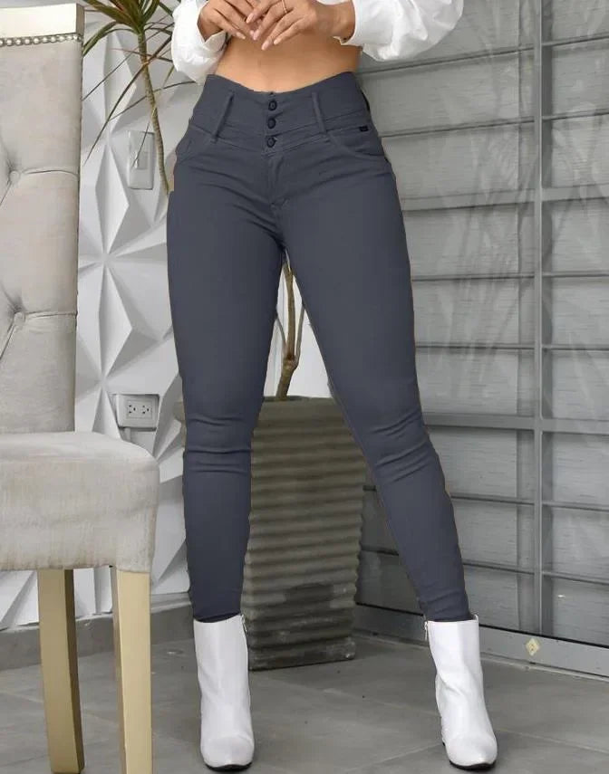 Pantalones ajustados de cintura alta de color liso para mujer, pantalones largos hasta el tobillo, color caqui