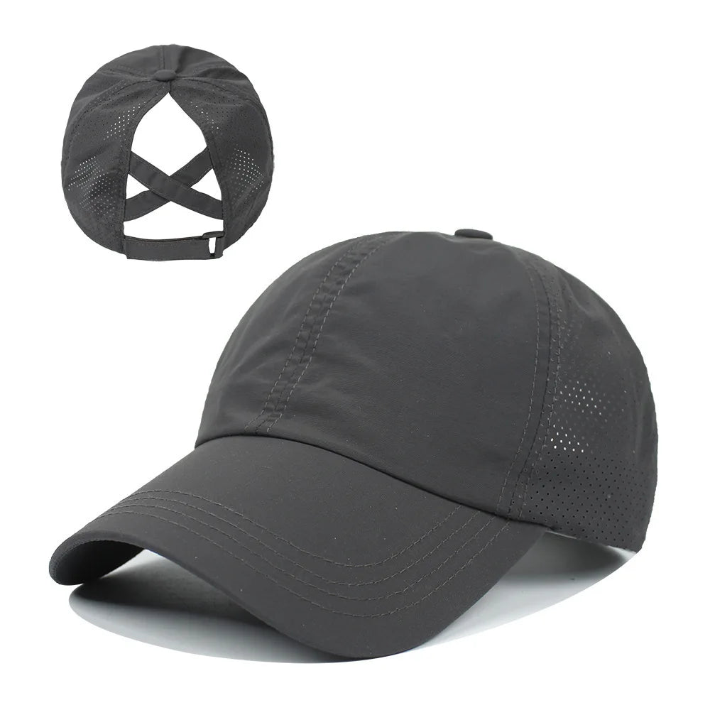 Gorra de béisbol de Color liso para mujer, sombrero de cola de caballo cruzada, malla de secado rápido, visera, Verano