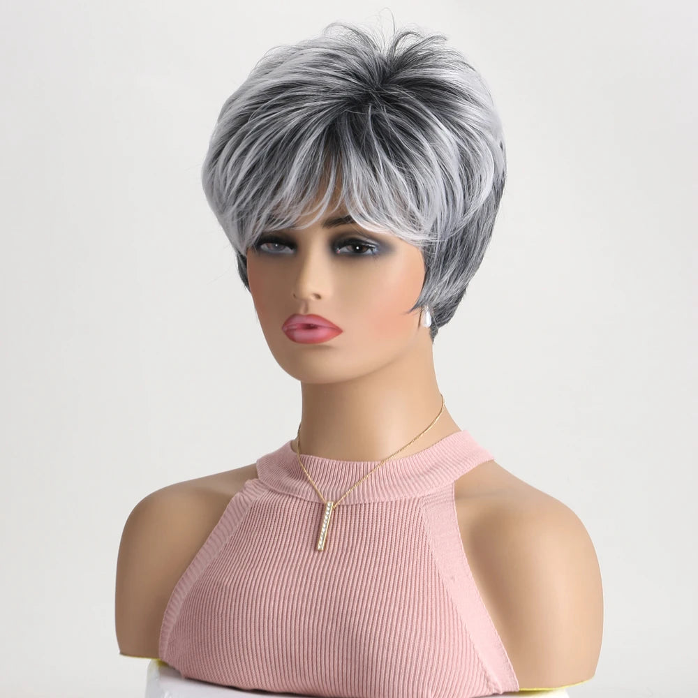 Short natural wigs with bangs, soft hair for mom, daily use, short gray ombre curly synthetic hair, costume party wig for women