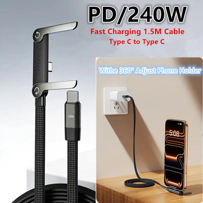 Cable de Datos Plegable con Carga Rápida PD de 240W y Soporte para Teléfono, 1.5m, Tipo C, para iPhone 17 16 15, Macbook, Samsung, Xiaomi, OPPO