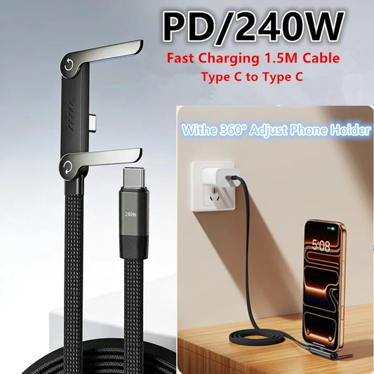Foldable Data Cable with 240W PD Fast Charging and Phone Holder, 1.5m, Type-C, for iPhone 17 16 15, MacBook, Samsung, Xiaomi, OPPO