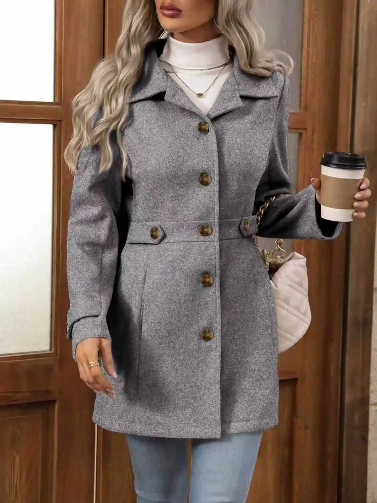 Abrigo de lana elegante de talla grande para otoño e invierno: solapa, detalle de botones, ajustado