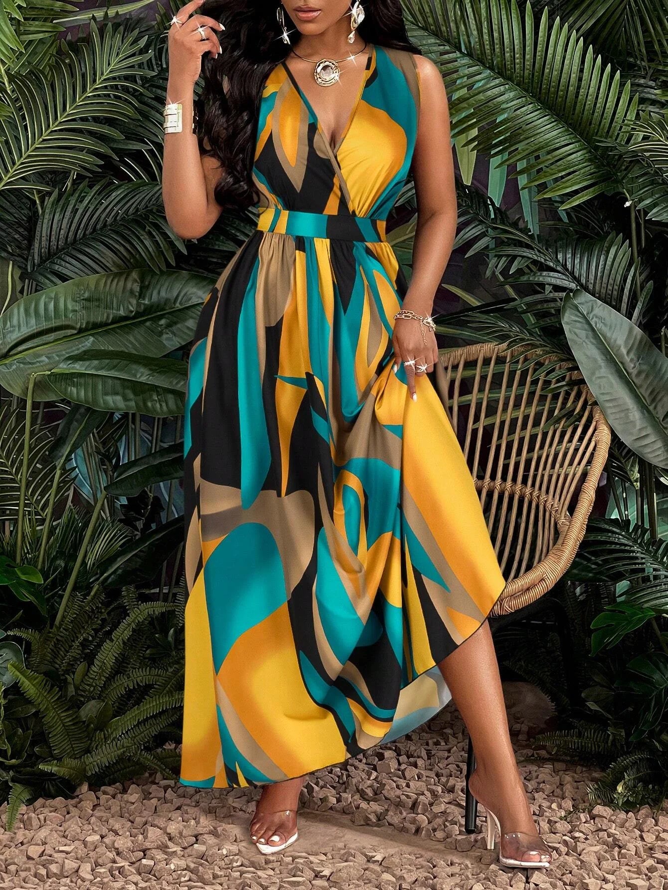 Vestido largo de mujer con estampado tropical, cuello en V, sección de cintura, tejido por cable y corte acampanado