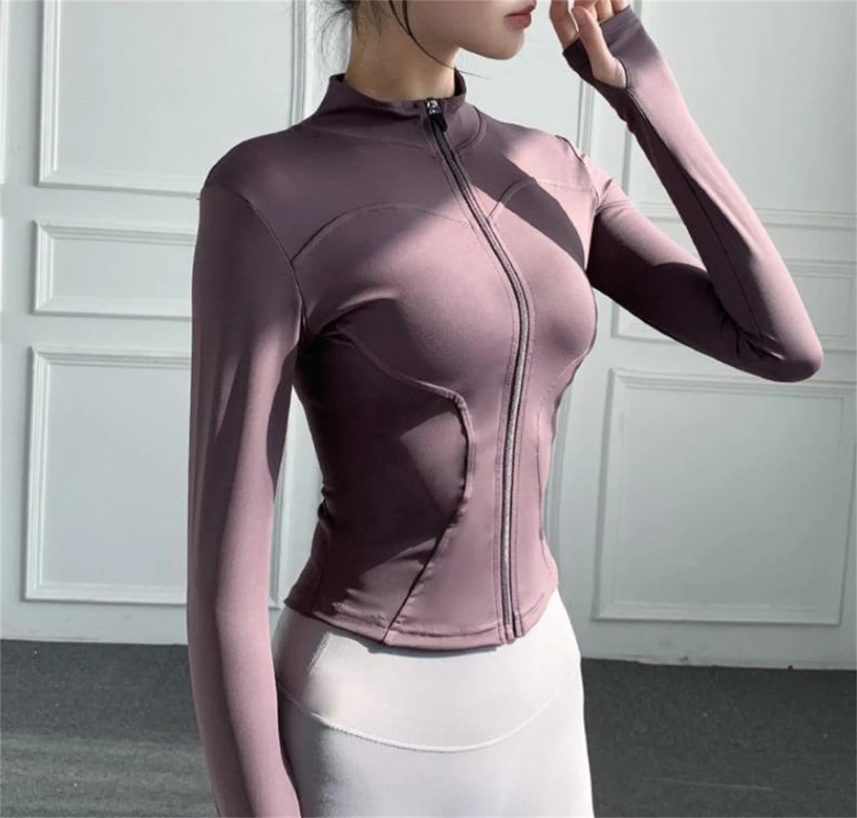 Women's Zippered Sports Jacket, Long Sleeve Slim Running Fitness Top, Quick Dry Plain Yoga Coat, Simple Casual Wear