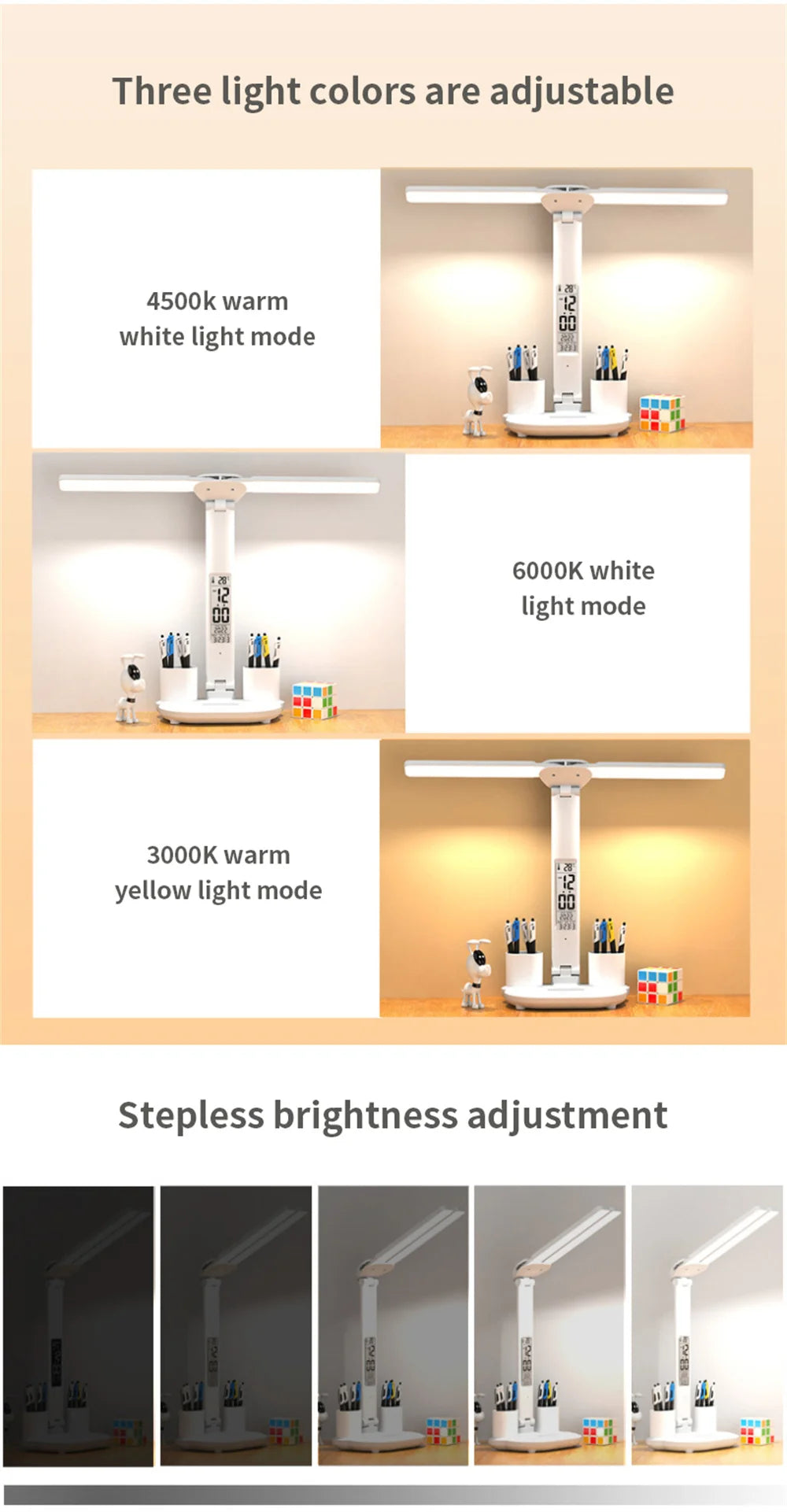 LED Desk Lamp, Dimmable Touch Folding Table Lamp with USB, Calendar, Temperature Clock, Night Light for Study, Reading Lamp