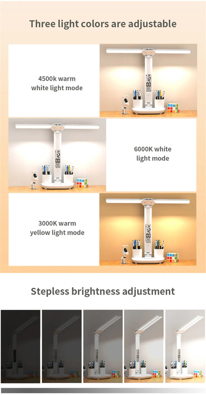 LED Desk Lamp, Dimmable Touch Folding Table Lamp with USB, Calendar, Temperature Clock, Night Light for Study, Reading Lamp