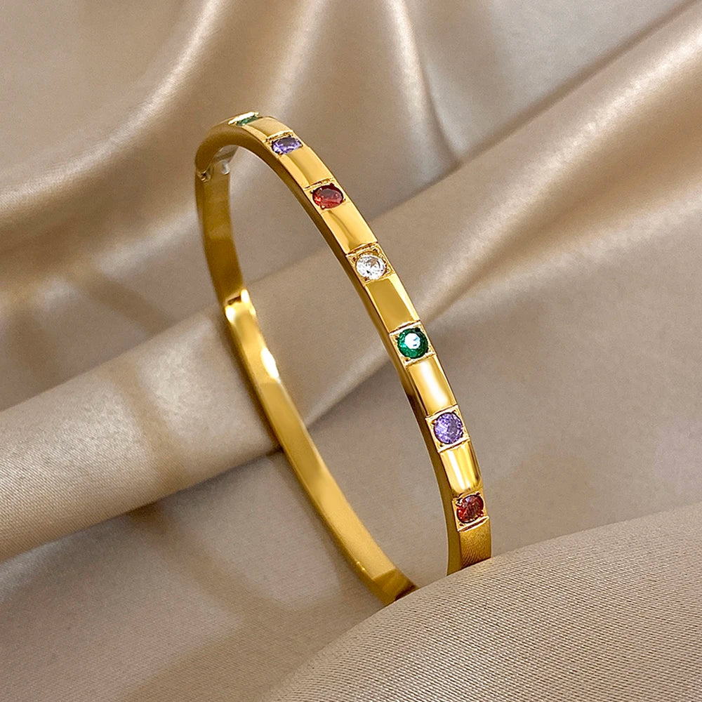 New Gold Plated Stainless Steel Bracelet with Colorful Rhinestone Inlays, Luxury Open Bangles, Bracelets for Women and Men, Jewelry