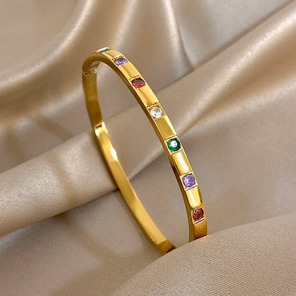 New Gold Plated Stainless Steel Bracelet with Colorful Rhinestone Inlays, Luxury Open Bangles, Bracelets for Women and Men, Jewelry