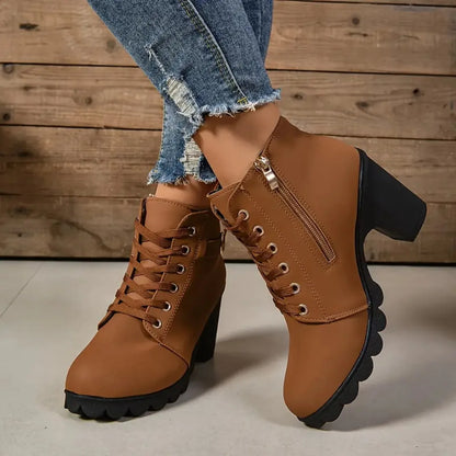 Women's Anti-slip Lace-up Boots, High Heel Shoes, Outdoor Fashion, High Quality, Autumn and Winter
