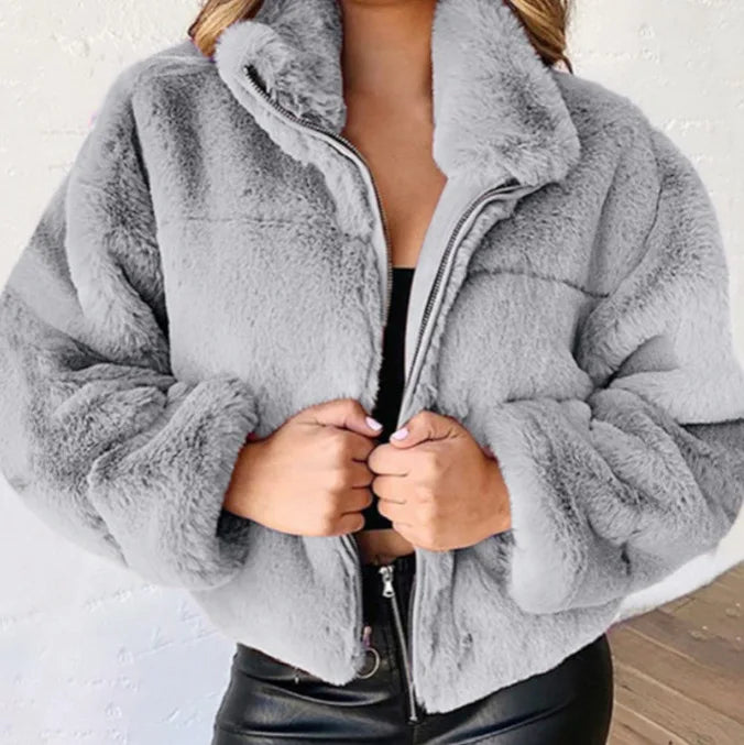 Women's warm winter jacket, zipper cardigan, faux fur, fashion, long sleeve, stand-up collar, plush coat for women