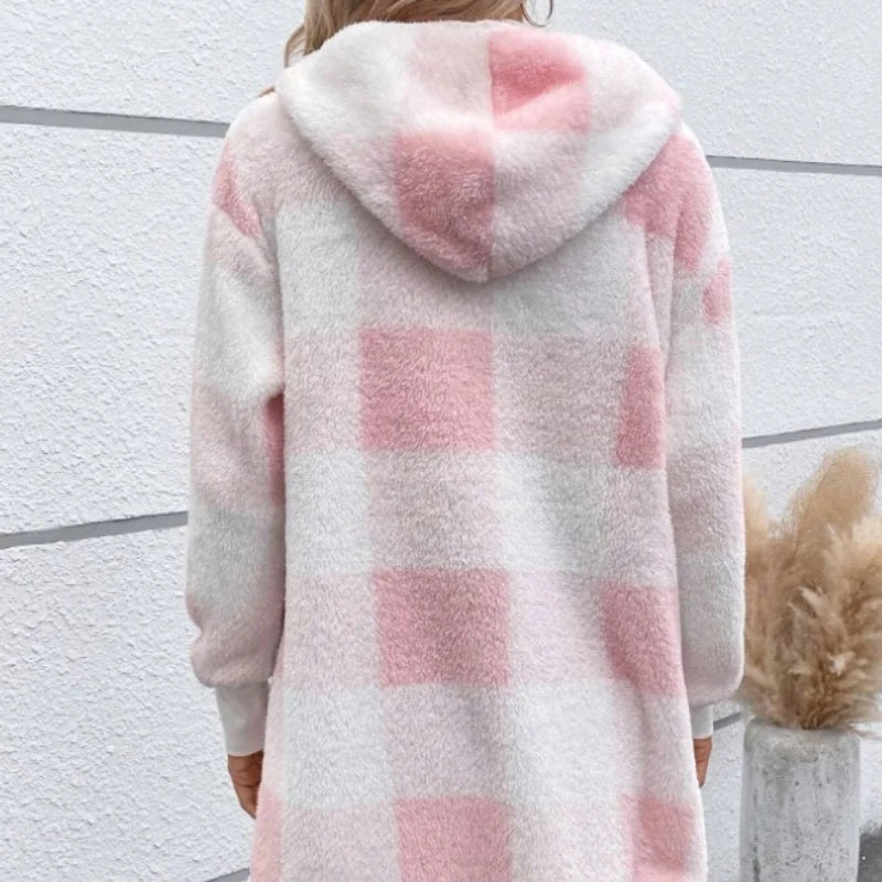Cárdigan a cuadros de doble lana para mujer, chaqueta suave holgada de manga larga de felpa cálida con capucha, abrigo de retales para mujer, Otoño e Invierno