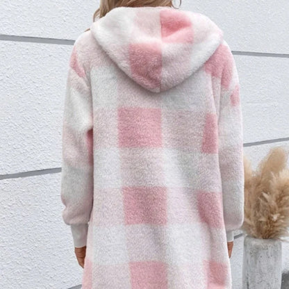 Cárdigan a cuadros de doble lana para mujer, chaqueta suave holgada de manga larga de felpa cálida con capucha, abrigo de retales para mujer, Otoño e Invierno