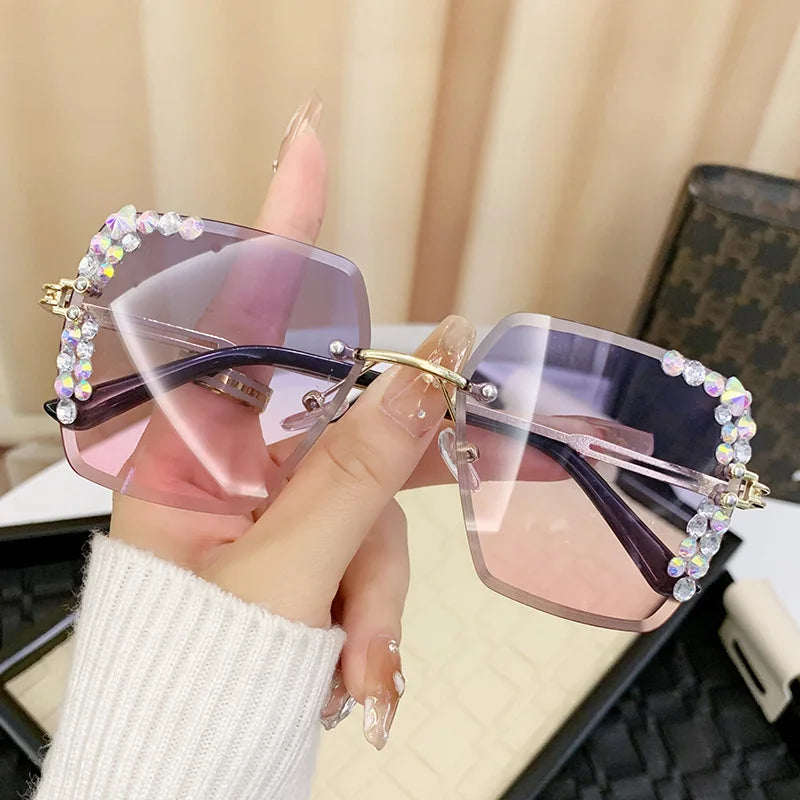 1 pair of trendy women's square rimless sunglasses with gradient lenses, crystal decoration, and metal material