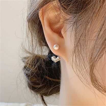 Pendientes coreanos de Metal en forma de corazón, pendientes colgantes en la espalda con perlas de cola de pez para mujeres y niñas, regalo de joyería elegante de cristal 2024