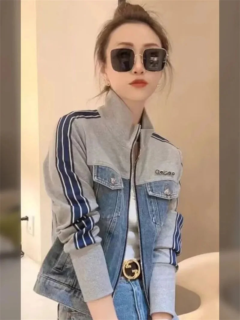 Otoño mujer cuello alto cremallera Denim abrigo coreano señoras Patchwork vaquero prendas de vestir 2025 mujer chaqueta vaquera de manga larga