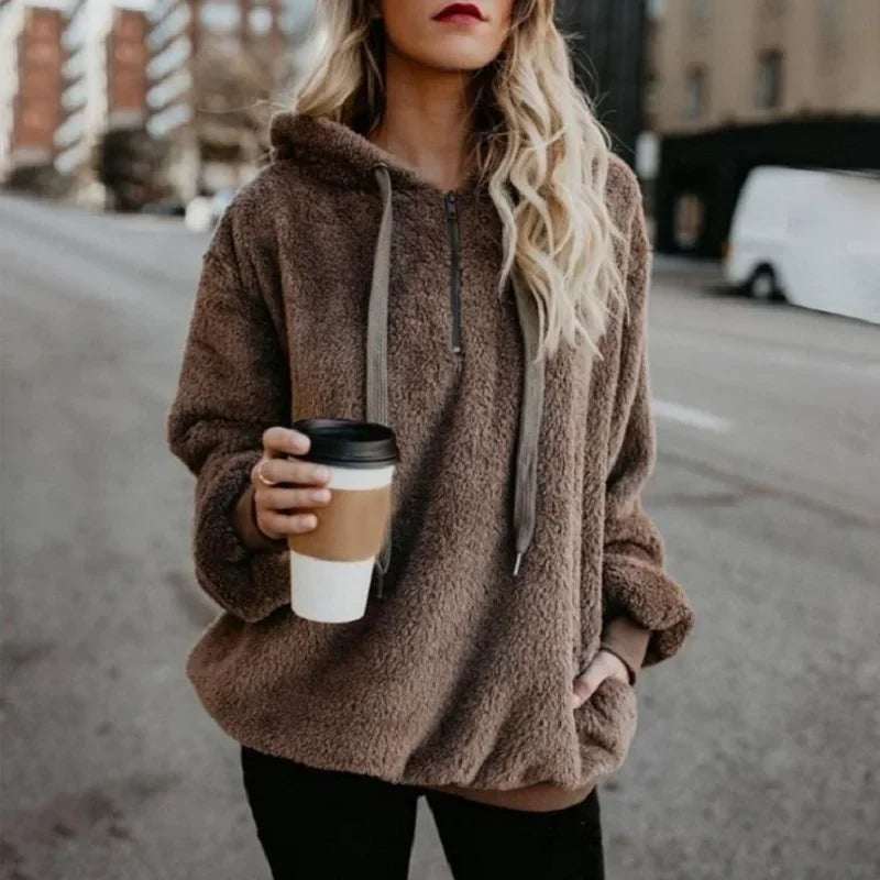 Women's Long Sleeve Hooded Sweatshirt, Monochromatic Coat, Fashion Trend
