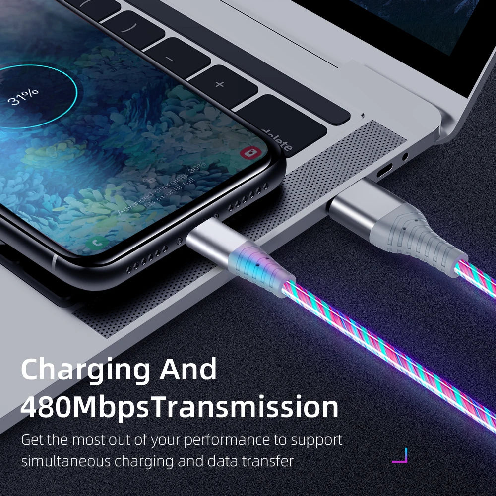 MVQF 5A Fast Charging Cable, Luminous LED Cable, Micro USB TypeC Data Cable, Flowing Streamer Light, USB C LED Cable for Huawei Xiaomi.