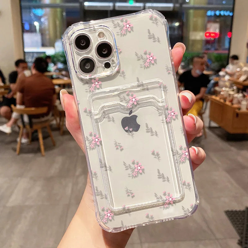 Funda de teléfono con soporte para tarjetas suaves para iPhone 13, 11, 16e, 15, 12, 14, 17, 16 Pro Max, 7 Plus, XR SE, funda transparente con flores estéticas