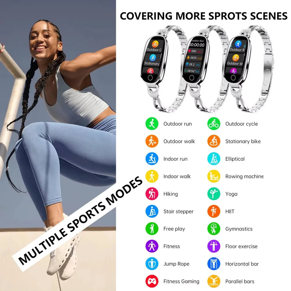 Reloj inteligente de moda para mujer con correa de caja de Metal llamadas Bluetooth recordatorio Menstrual femenino Monitor de presión arterial y frecuencia cardíaca