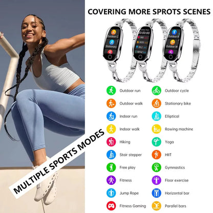 Reloj inteligente de moda para mujer con correa de caja de Metal llamadas Bluetooth recordatorio Menstrual femenino Monitor de presión arterial y frecuencia cardíaca