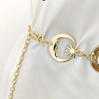 Cinturón de cadena dorada para mujer, cinturones de Metal con forma de luna y sol, pretina para vestido Punk, accesorio vaquero gótico, Ketting Riem largo.