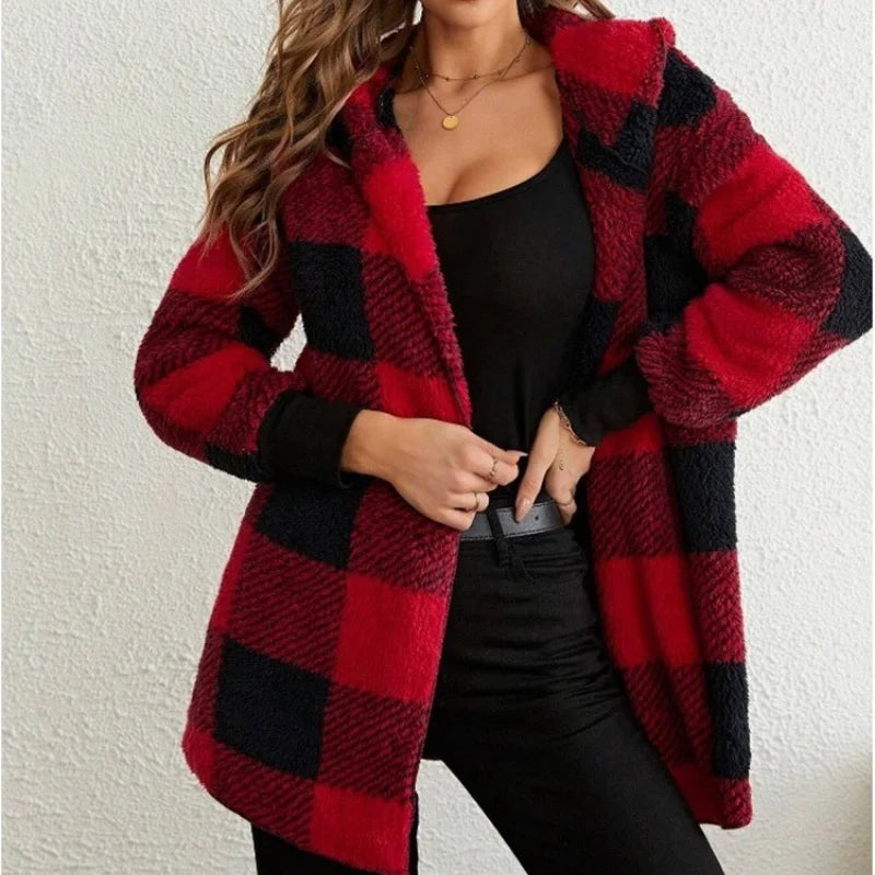 Cárdigan a cuadros de doble lana para mujer, chaqueta suave holgada de manga larga de felpa cálida con capucha, abrigo de retales para mujer, Otoño e Invierno