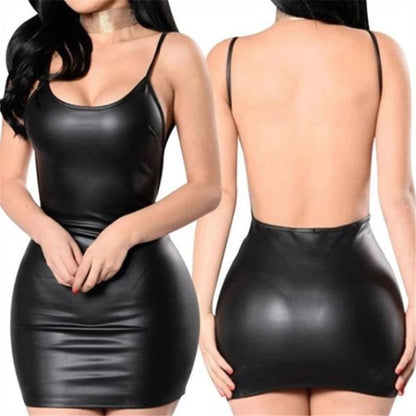 Sexy Faux Leather Backless Party Clubwear Dress, Wet Look Black Solid Latex Bodycon, Boost Bra, Mini Micro Dress