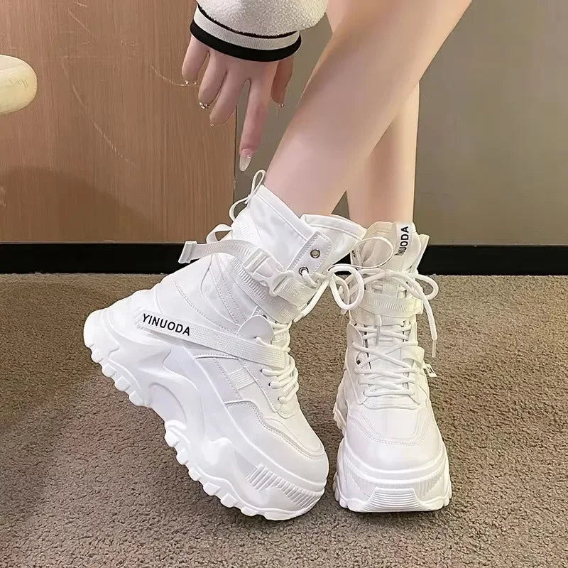 Botas De moto con plataforma gruesa para Mujer, zapatos blancos con cordones y parte inferior gruesa, botines De Mujer para Otoño e Invierno