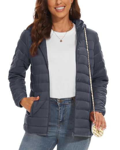TACVASEN Chaqueta acolchada con capucha y cremallera completa para mujer, abrigos cálidos acolchados de invierno, cortavientos informal, prendas de vestir ligeras acolchadas para exteriores