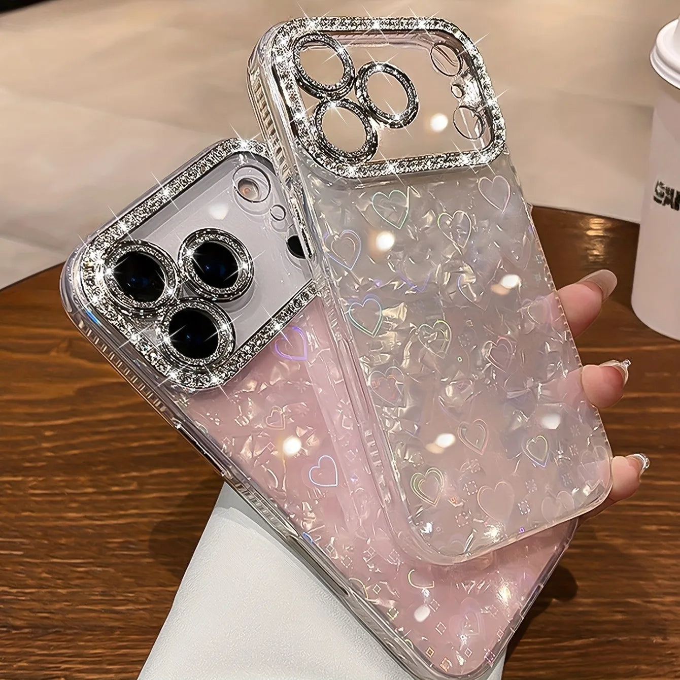 Funda de teléfono con patrón de carcasa láser de amor de cristal brillante elegante para iphone 17 Air 16 15 14 Plus 13 12 Pro Max cubierta de película de lente suave.