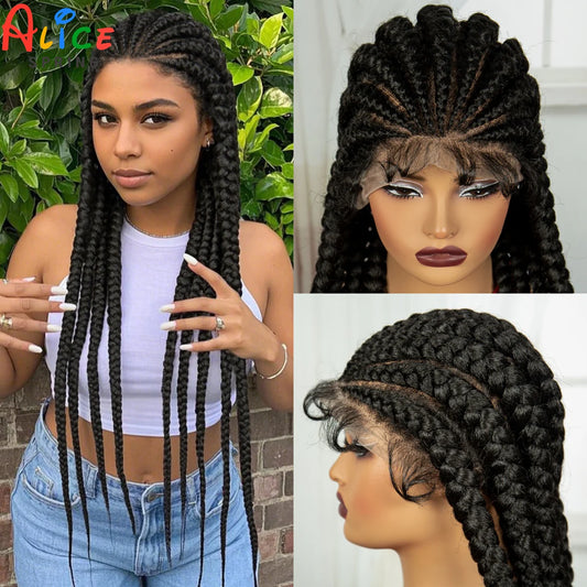 32 Inch Cornrow Braided Wigs Full Synthetic Lace Braided Wig with Baby Hair Knotless Braided Lace Front Wig for Black Women