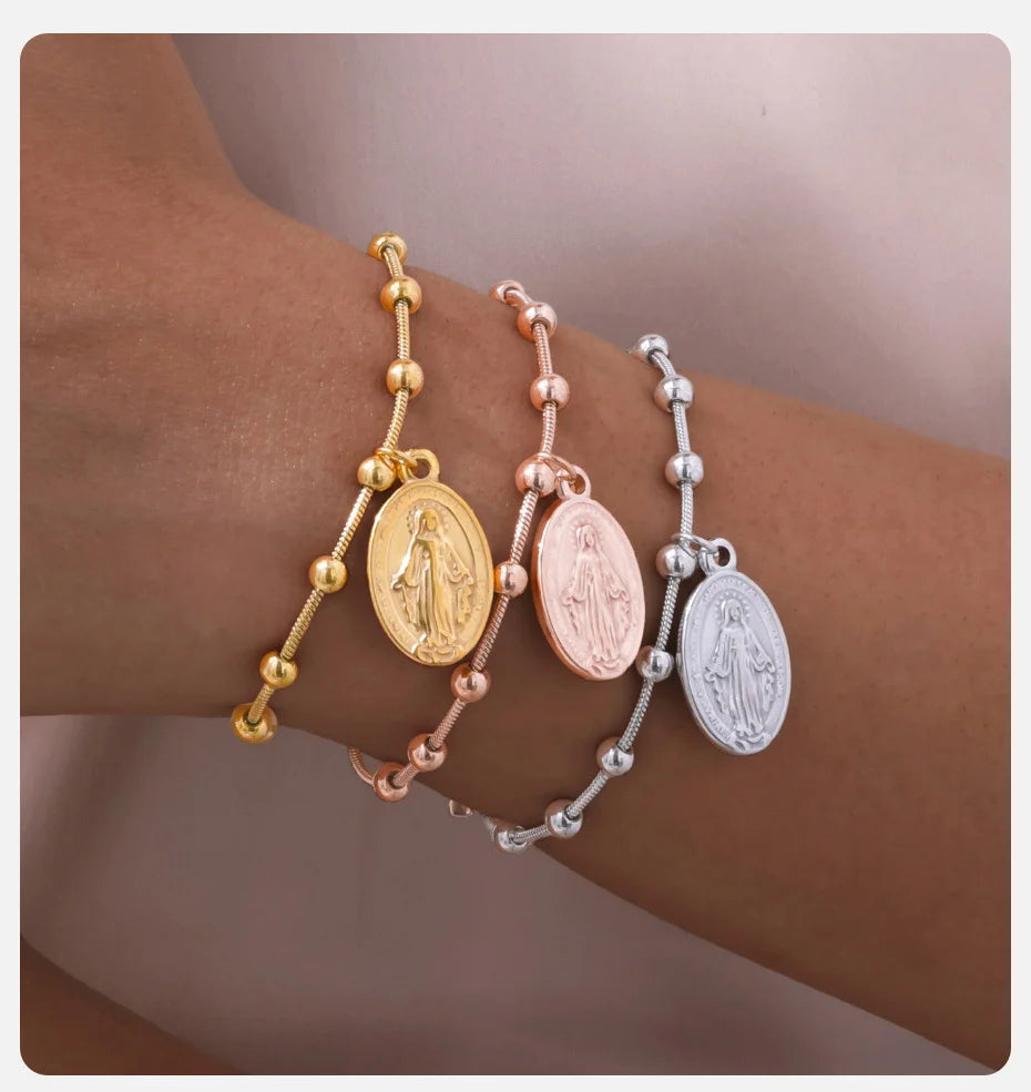 Vnox-pulsera de Rosario para mujer y niña, brazalete de oración de la Virgen María, Cruz religiosa de acero inoxidable chapada en oro, regalos