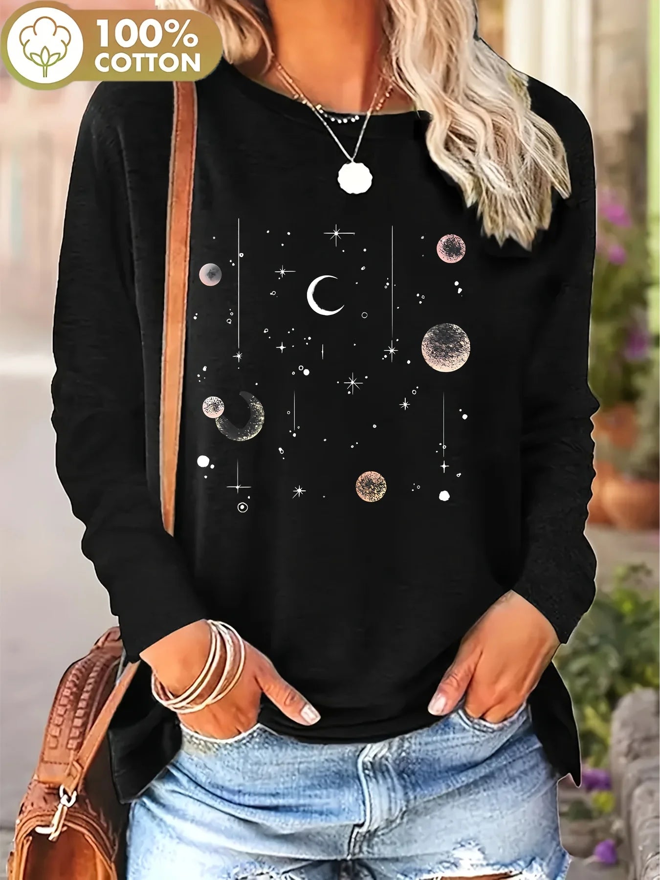 Casual Long Sleeve Cotton T-Shirt with Moon and Stars Print, Round Neck Street Style Top, Aesthetic Oversized T-Shirt