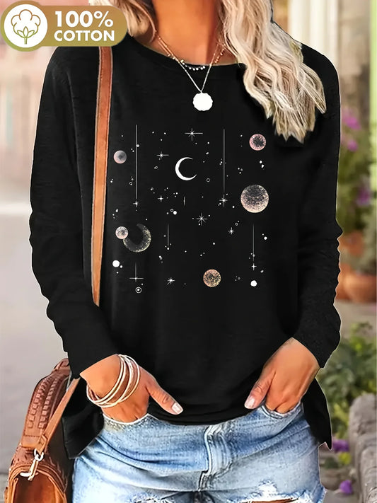 Casual Long Sleeve Cotton T-Shirt with Moon and Stars Print, Round Neck Street Style Top, Aesthetic Oversized T-Shirt