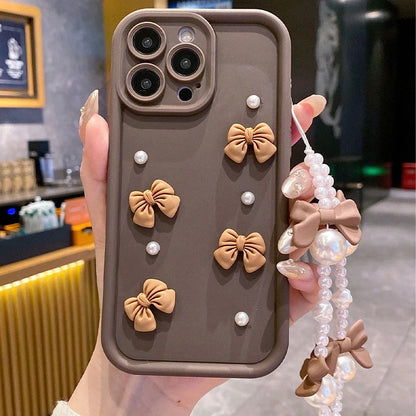 Korean 3D Bowknot Silicone Phone Case for iPhone 16 17 Pro 15 14 13 12 11 Pro Max 16E 7 8 Plus with Lanyard Soft Cover