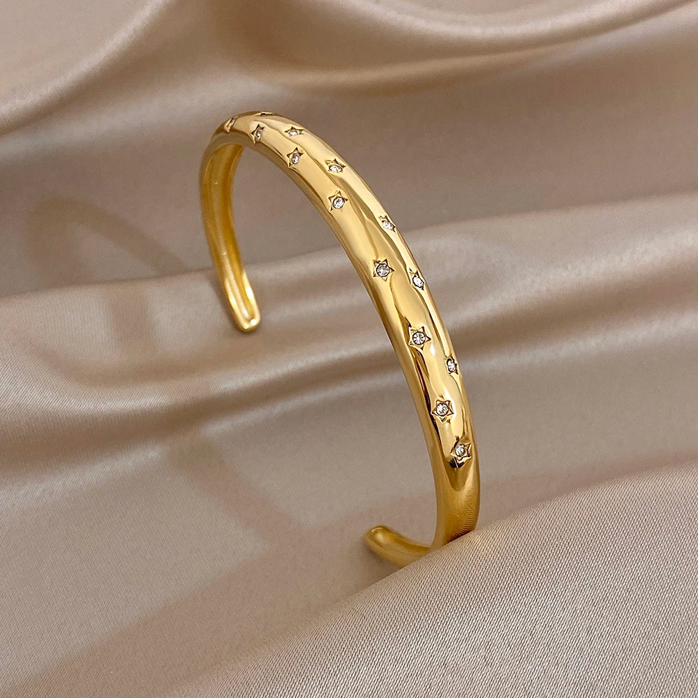 New Gold Plated Stainless Steel Bracelet with Colorful Rhinestone Inlays, Luxury Open Bangles, Bracelets for Women and Men, Jewelry