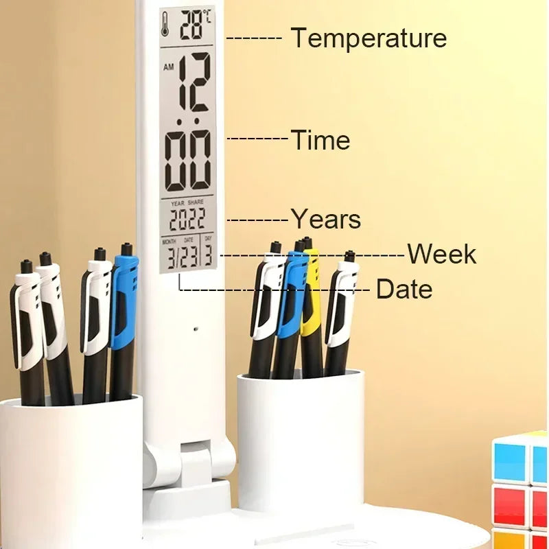 LED Desk Lamp, Dimmable Touch Folding Table Lamp with USB, Calendar, Temperature Clock, Night Light for Study, Reading Lamp