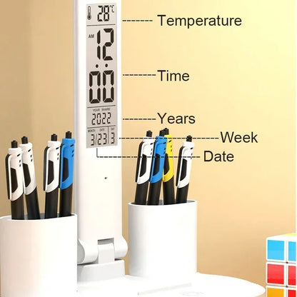 LED Desk Lamp, Dimmable Touch Folding Table Lamp with USB, Calendar, Temperature Clock, Night Light for Study, Reading Lamp