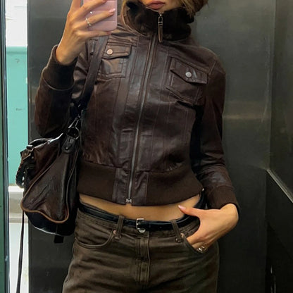 Chaqueta de cuero Pu estilo Safari con bolsillos ajustados, abrigos de manga larga con cremallera y cuello alto para mujer, ropa de calle Y2K para Otoño e Invierno 2025