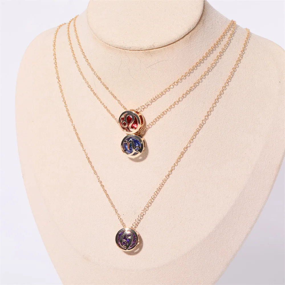 Retro Double-Sided Hollow 12 Constellation Pendant Necklaces for Women, Crystal Rhinestone Birthstone Zodiac Sign Choker