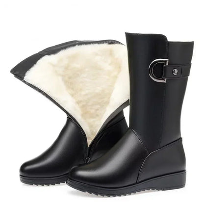 Botas de invierno para Mujer, Botas de nieve cálidas de felpa, Botas de tacón alto a media pantorrilla a la moda para Mujer, Botas de cuero de alta calidad para Mujer