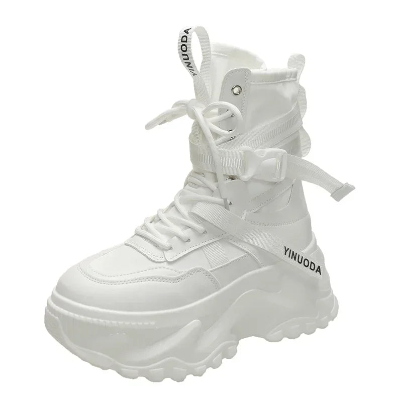 Botas De moto con plataforma gruesa para Mujer, zapatos blancos con cordones y parte inferior gruesa, botines De Mujer para Otoño e Invierno