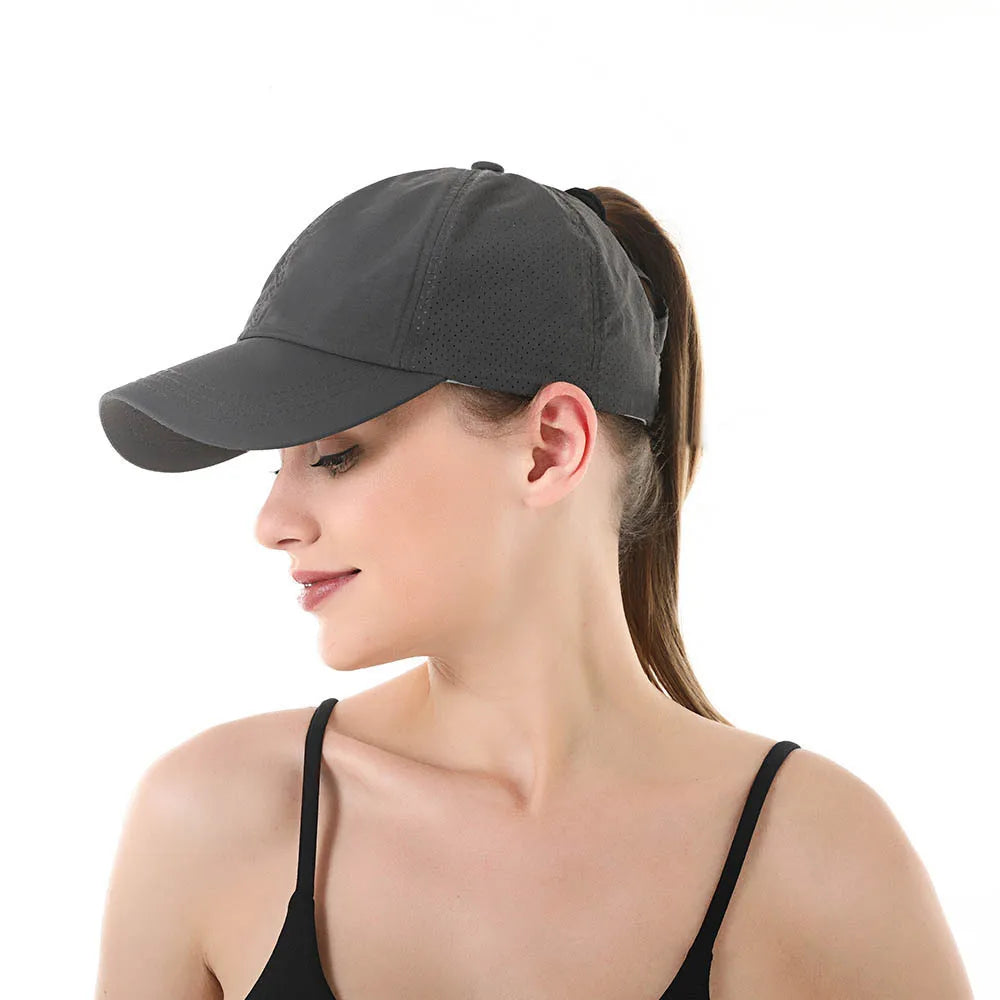 Gorra de béisbol de Color liso para mujer, sombrero de cola de caballo cruzada, malla de secado rápido, visera, Verano