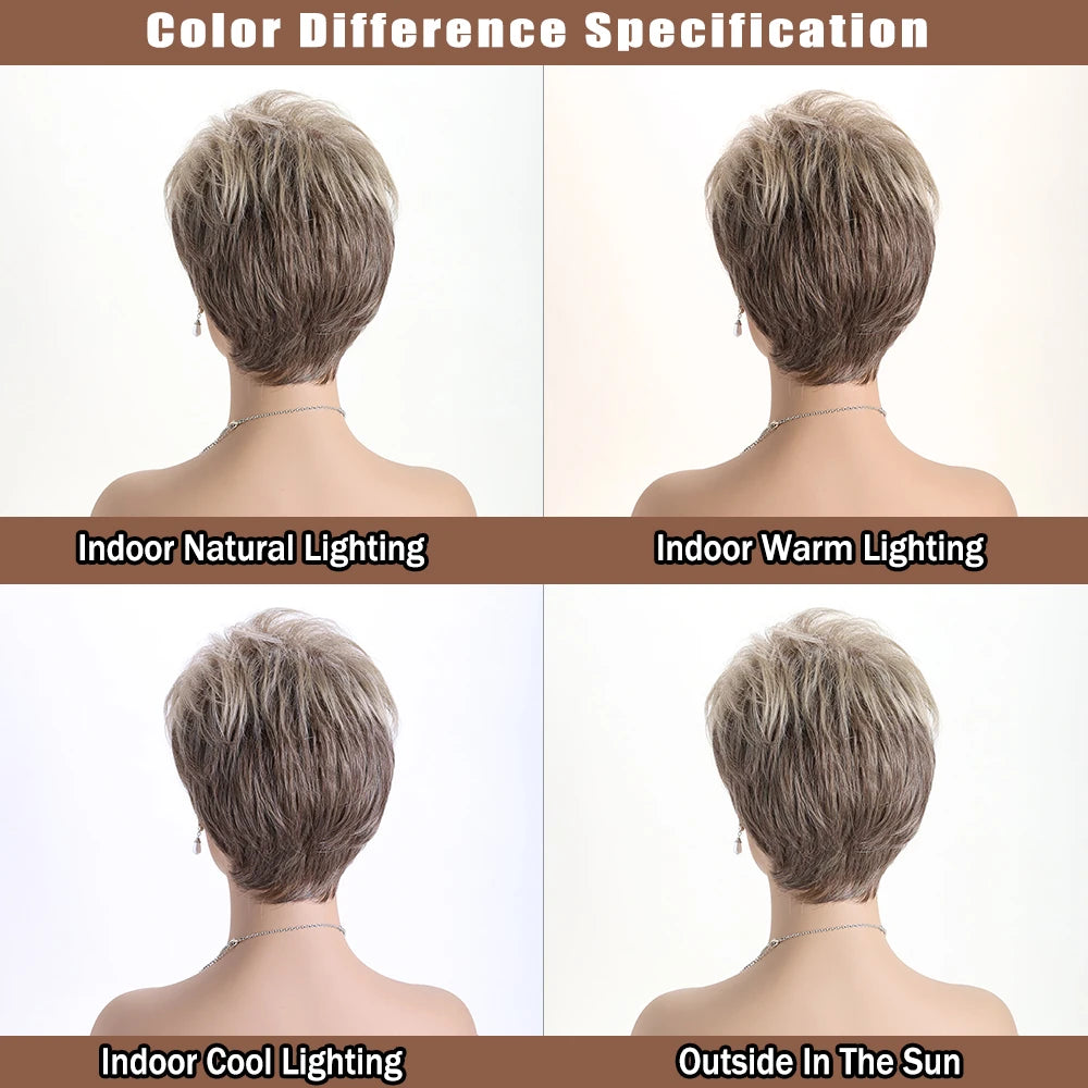 Short natural wigs with bangs, soft hair for mom, daily use, short gray ombre curly synthetic hair, costume party wig for women