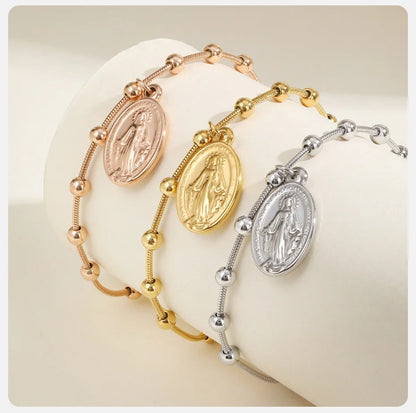 Vnox-pulsera de Rosario para mujer y niña, brazalete de oración de la Virgen María, Cruz religiosa de acero inoxidable chapada en oro, regalos