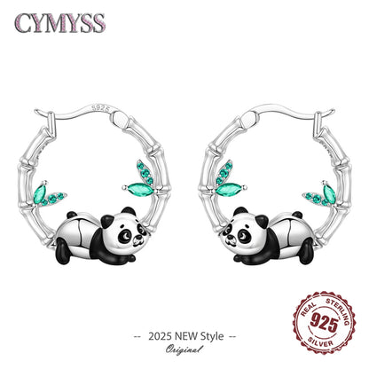 Pendientes de aro de bambú para mujer, de Plata de Ley 925 originales, con bonito Panda, joyería fina, regalos de fiesta de cumpleaños
