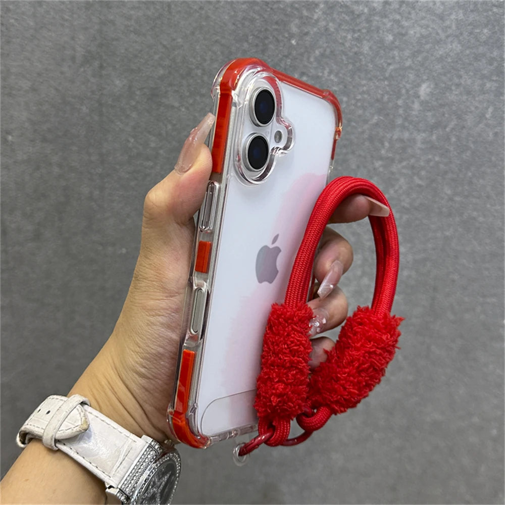 Armadura de parachoques híbrida transparente con correa para la muñeca para iPhone 15 11 12 13 14 16 Pro Max Plus X XS XR cubierta de bolsa de aire a prueba de golpes.