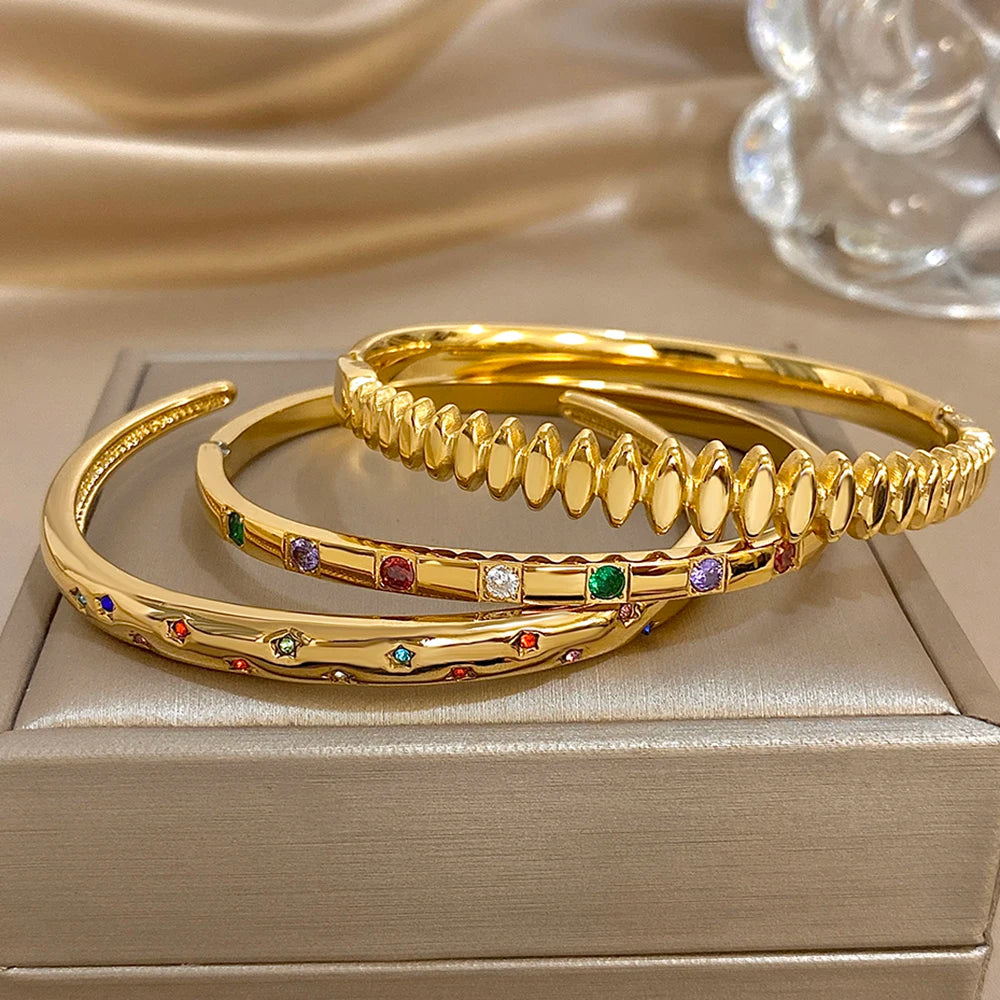 New Gold Plated Stainless Steel Bracelet with Colorful Rhinestone Inlays, Luxury Open Bangles, Bracelets for Women and Men, Jewelry