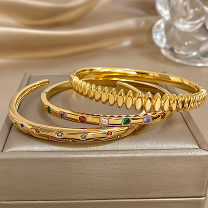 New Gold Plated Stainless Steel Bracelet with Colorful Rhinestone Inlays, Luxury Open Bangles, Bracelets for Women and Men, Jewelry