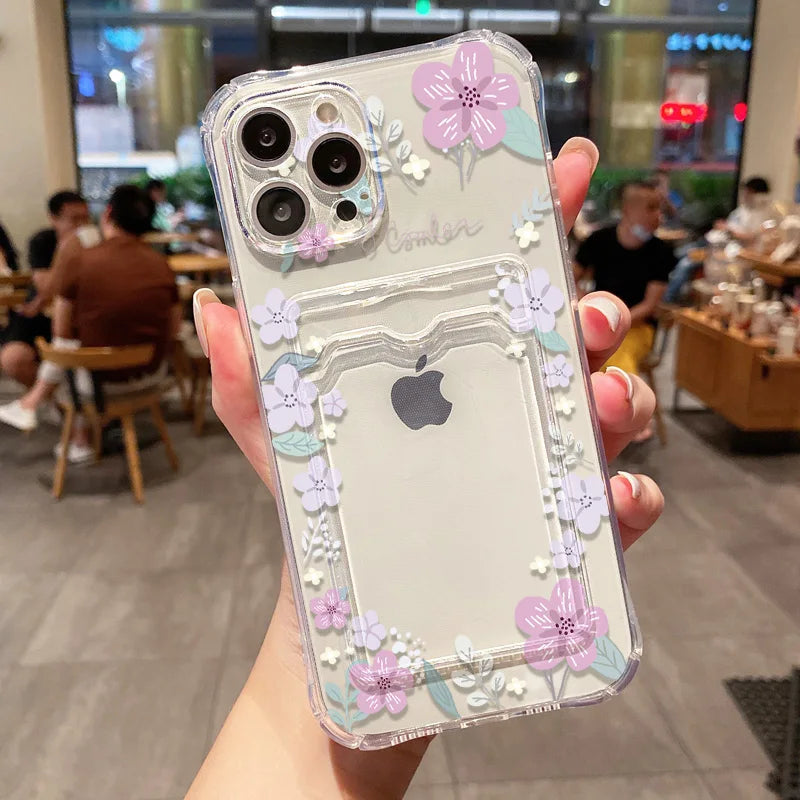 Funda de teléfono con soporte para tarjetas suaves para iPhone 13, 11, 16e, 15, 12, 14, 17, 16 Pro Max, 7 Plus, XR SE, funda transparente con flores estéticas